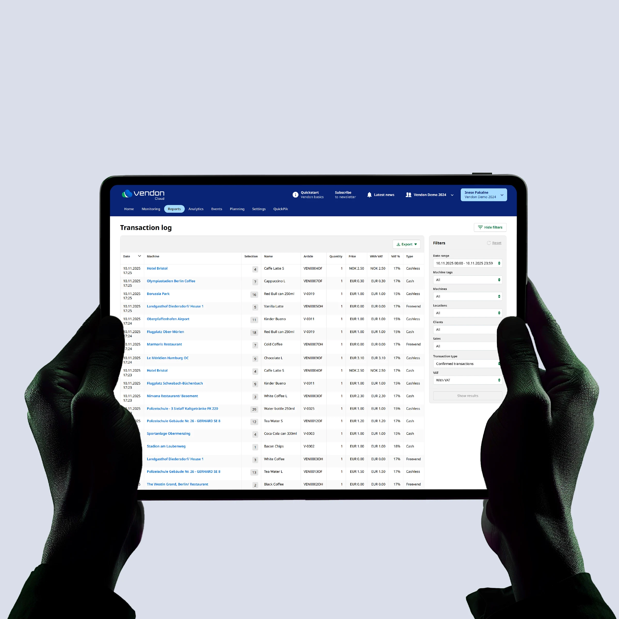 Vendon Cloud transaction log