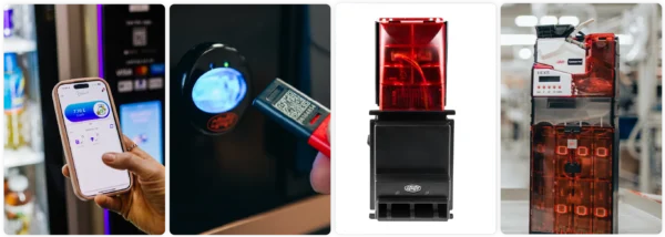 Coges payment systems for vending machines: Pay4Vend mobile app, MyKey closed-loop key, Creos bill validator and Hexis change-giver